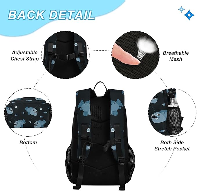 Jucciaco Angler Fish Backpack with Lunch Bag, School Travel Backpack for Boys Girls Kids Backpacks Set