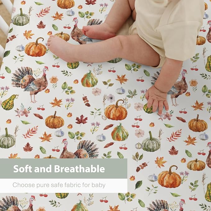 Thanksgiving Turkey Pumpkins Baby Crib Sheets for Boy Girl 52"x28" Vintage Autumn Leaves Soft Stretchy Fitted Crib Mattress Covers Fall Harvest Baby Sheet for Standard Crib and Toddler Bed Mattress