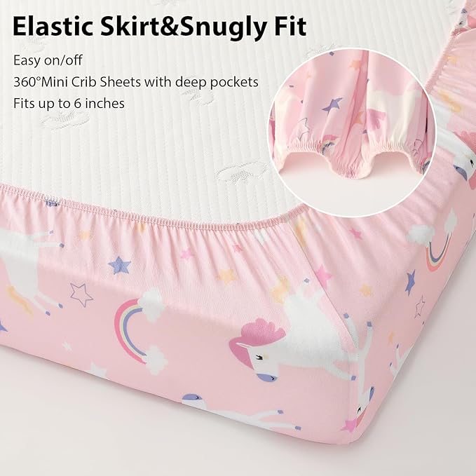 Baby Mini Crib Sheets Girl, Portable 38”x26” Pack and Play Sheets Fitted for Playard and Pack N Play Mattress, 3-Pack Soft Microfiber Pink Purple Rainbow