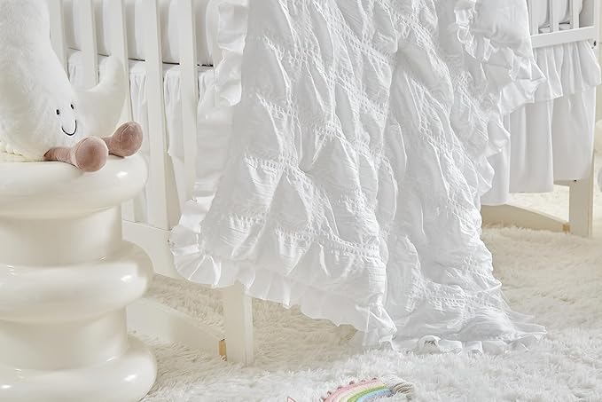Ruffled Crib Bedding Set Baby Boho Quilted Comforter with Fitted Sheet and Bed Skirt - Cute Soft Breathable Seersucker Ruffled Shabby Chic Bedding Soft Blanket Design - White