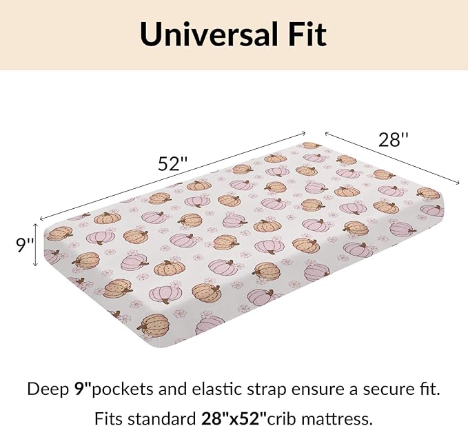 Fall Pumpkin Boho Flower Baby Crib Sheets Autumn Thanksgiving Harvest Baby Sheet Fitted Crib Mattress Cover Pastel Pumpkins Floral Standard Toddler Mattress 52''x28''