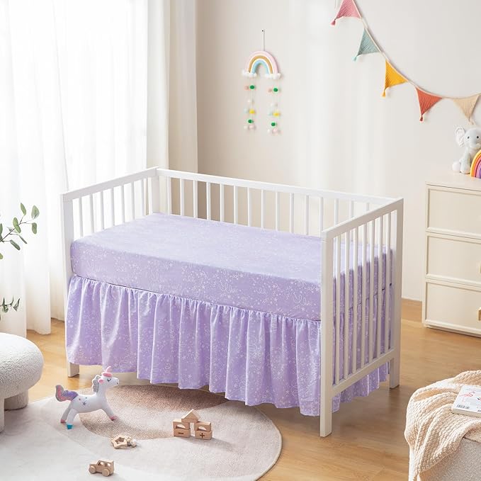 4-Piece Crib Bedding Set for Baby Boys Girls, Infant Toddler Nursery Baby Bedding Sets Includes Cartoon Quilt, Fitted Crib Sheet, Crib Skirt and Plush Unicorn Toy