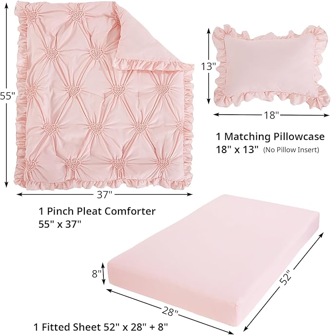 HOMBYS 3 Pieces Princess Pink CribBedding Set for Baby Girls, Ultra Soft Blush Pinch Pleat Comforter Set with Ruffles for All Season