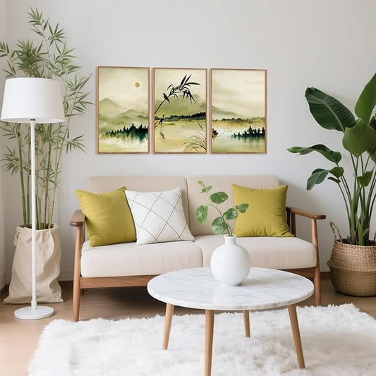 CHDITB Zen Landscape Framed Canvas Wall Art Set, Green Ink Wash Wall Decor, Mountain Lake Bamboo Art Spiritual Wall Painting, Vintage Ink Wash Art Prints for Living Room, Bedroom, Office-16 x24 x3
