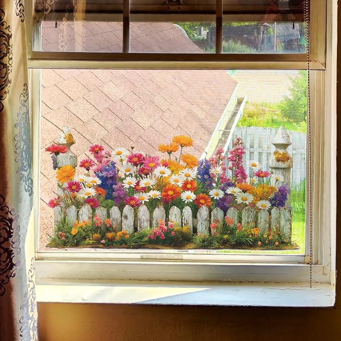 Daisy Flowers Wall Decals Spring Flowers Fence Wall Stickers Removable Art Sticker for Living Room Bedroom Classroom Nursery Decor