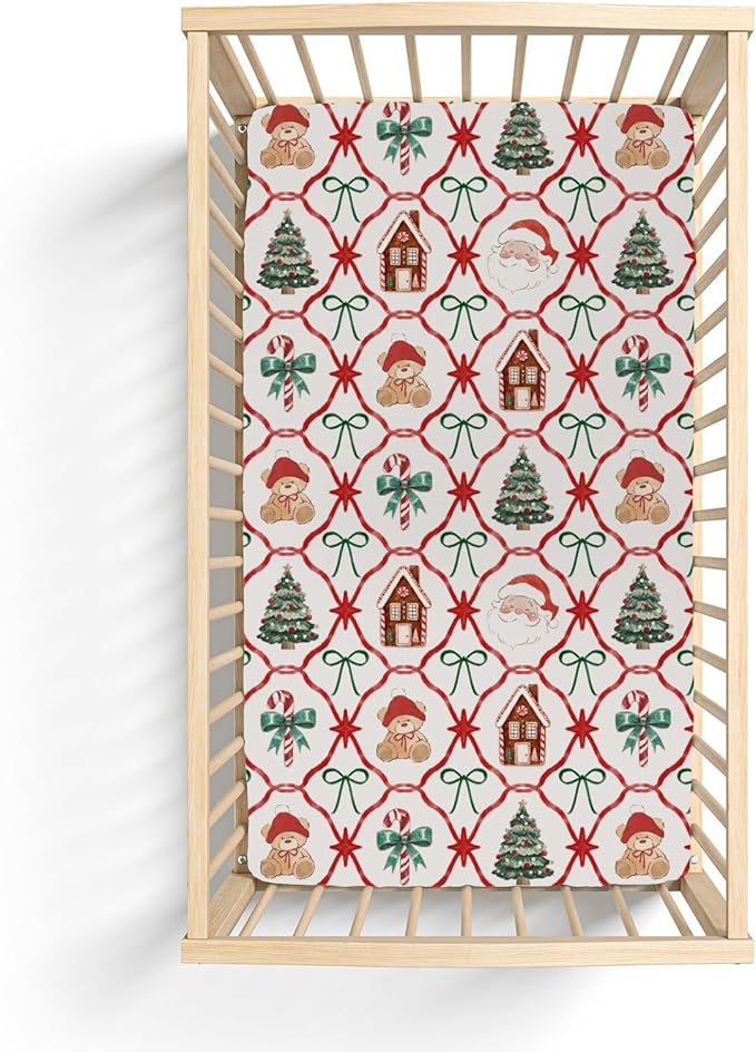 Red and Green Christmas Stripe Baby Crib Sheets for Boy Girl 28"x52" Bear Santa Trees Bows Candy Soft Snug Fitted Crib Mattress Cover Winter Holiday Baby Sheet for Crib & Toddler Bed Mattresses