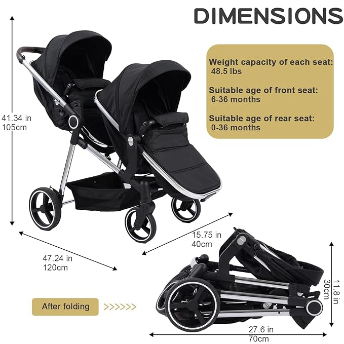 Double Stroller for Twins Infants and Toddlers, Foldable Tandem, Convertible Twin to Single Stroller, Compact Light Weight， Ages 0-3 Years