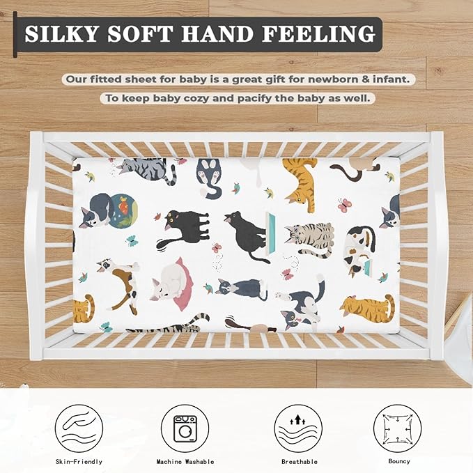 Different Cats Poses Baby Crib Sheets Fitted Crib Sheets Kid Crib Fitted Sheets Crib Cover Single Pack 28"x52" for Boys Girls