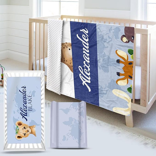 Custom Name Crib Bedding Set 3-Piece – Blue Leopard Design Baby Bedding Set with Personalized Soft Blanket, Fitted Sheet, Changing Pad Cover – Ideal Newborn Gift for Boys and Girls