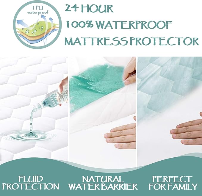 Full Quilted Waterproof Mattress Pad Cover,Soft Mattress Pad Cover, Waterproof Mattress Protector Stretches up to 16” Deep Pocket-Hollow Alternative Filling-Cooling Mattress Topper