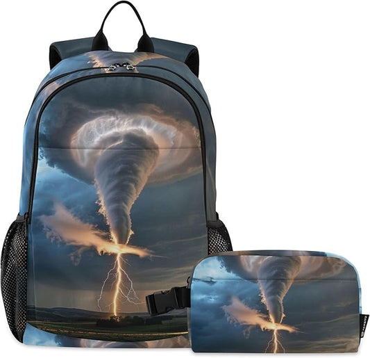 Jucciaco Grey Lightning Tornado Backpack with Lunch Bag, School Travel Backpack for Teens Boys Girls Backpacks Set