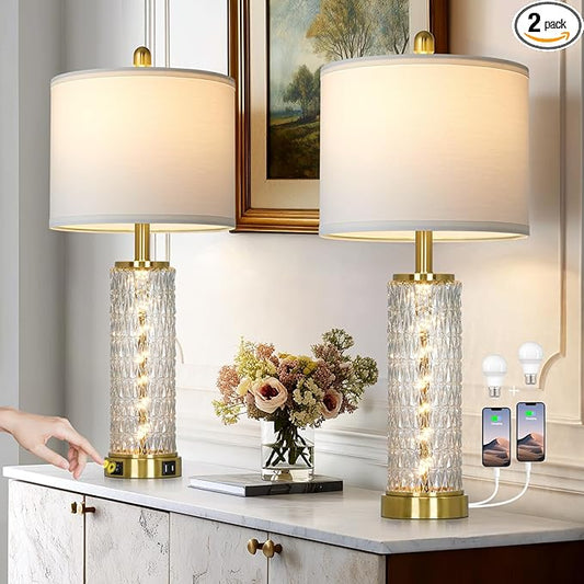 luxeflow 28" Gold Glass Table Lamps Set of 2, Gold Modern Bedside Lamp with LED Night Light, USB A+C, Glass Lamps for Living Room, Bedroom, Nightstand, Office, End Table (2 Bulbs Included)