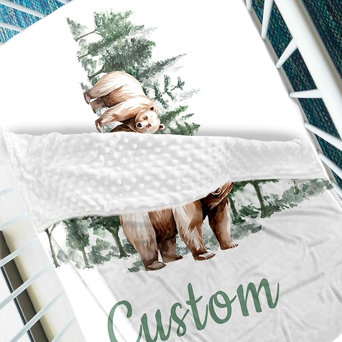 Woodland Bear Theme Personalized Crib Bedding Set - 2 Piece Custom Name Crib Set with Blanket and Crib Sheet for Infant, Crib Set for Newborns Infant, Comfort and Soft