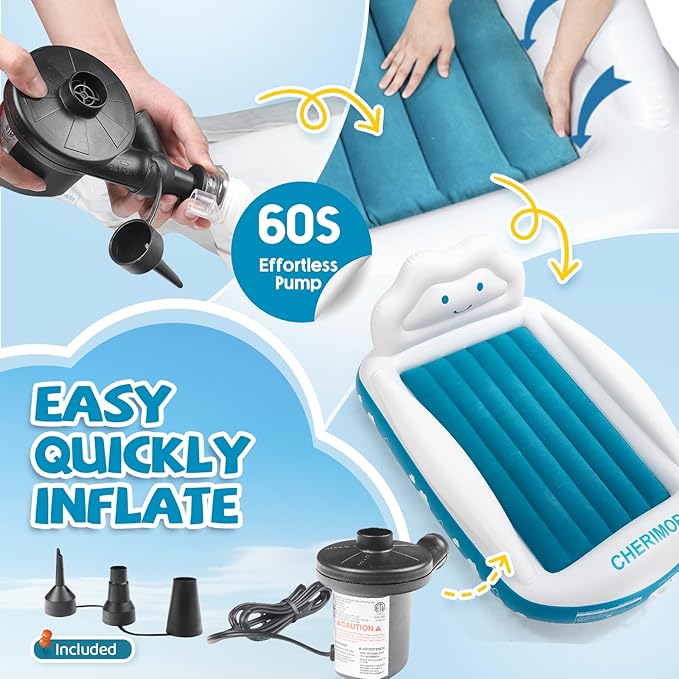 Inflatable Toddler Travel Bed, Portable Toddler Bed with 4-Sides Safety Bumpers & Fast Auto Inflation Pump, Kids Air Mattress for Travel Camping, Grandma's Home Sleepovers Blow Up Mattress