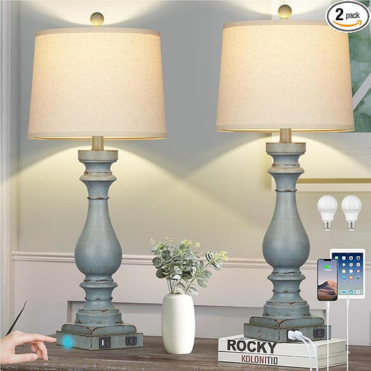 Cinkeda 29" Tall Table Lamp for Living Room Set of 2,Coastal Bedside Nightstand Lamps with USB C+A Ports & AC Outlet,3-Way Dimmable Touch Control Retro Blue Desk Lamp for Bedroom,Color 3