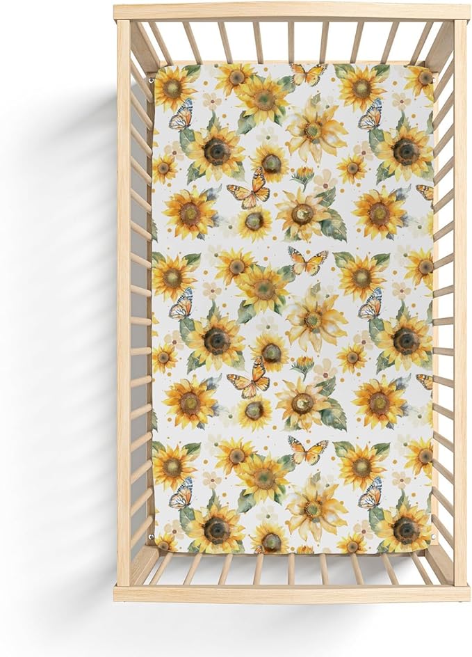 Boho Sunflowers Butterflies Baby Crib Sheets for Boy Girl 52x28Inch Yellow Sunflower Leaves Soft Snug Fitted Crib Mattress Cover Spring Summer Baby Sheet for Standard Crib and Toddler Bed Mattress