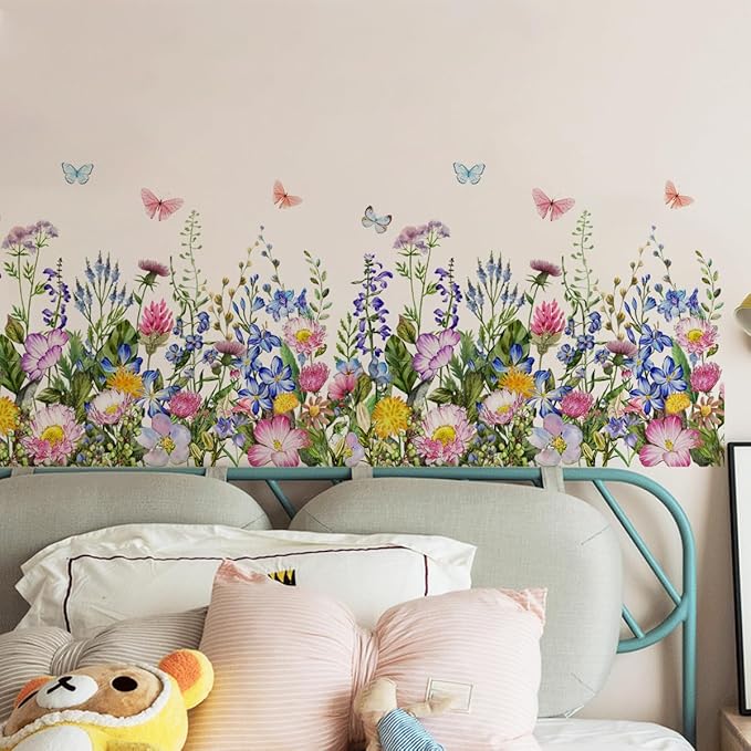 4 Pieces Flowers Wall Decals Vinyl Flowers Wall Stickers Removable Floral Murals Peel and Stick Colorful Flower Decor for Girls Bedroom Living Room Nursery (Butterfly)