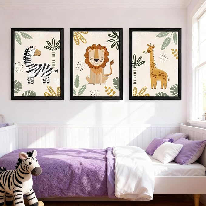 Cute Zebra Lion Giraffe Quote Framed Wall Art Set of 3, 11x16 Boho Educational Animal Wall Sign for Baby Girl Kid Boy Toddlers, Wooden Inspirational Nursery Wall Decor Black