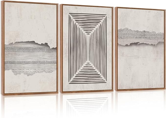 CHDITB Abstract Modern Framed Canvas Wall Art Set, Geometric Line Textured Wall Decor, Minimalist Neutral Wall Painting, Beige Black Art Prints for Living Room, Bedroom, Office - Large Size 16"x24"x3