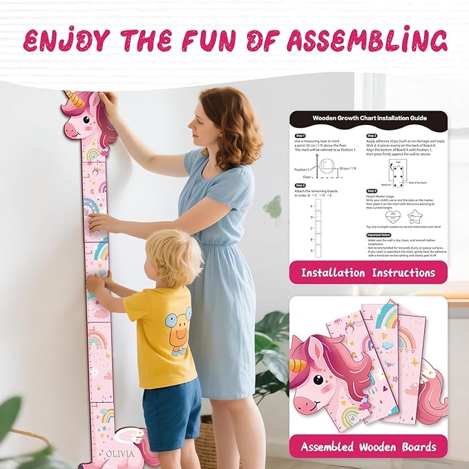 Woodemon Personalized Name Growth Chart for Kids, Unicorn Wooden Wall Decor Growth Chart, Wall Decor for Kids Room, Wooden Growth Chart for Wall and Nursery Medical Office Toddler Playroom