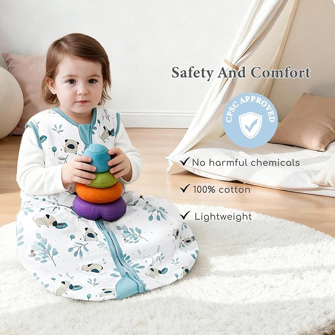 Baby Sleep Sack 12-18 Months 0.5 TOG, 100% Cotton Baby Wearable Blanket with 2-Way Zipper, Infant Toddler Sleeping Sack for Newborn Boys and Girls, Blue & Puppy