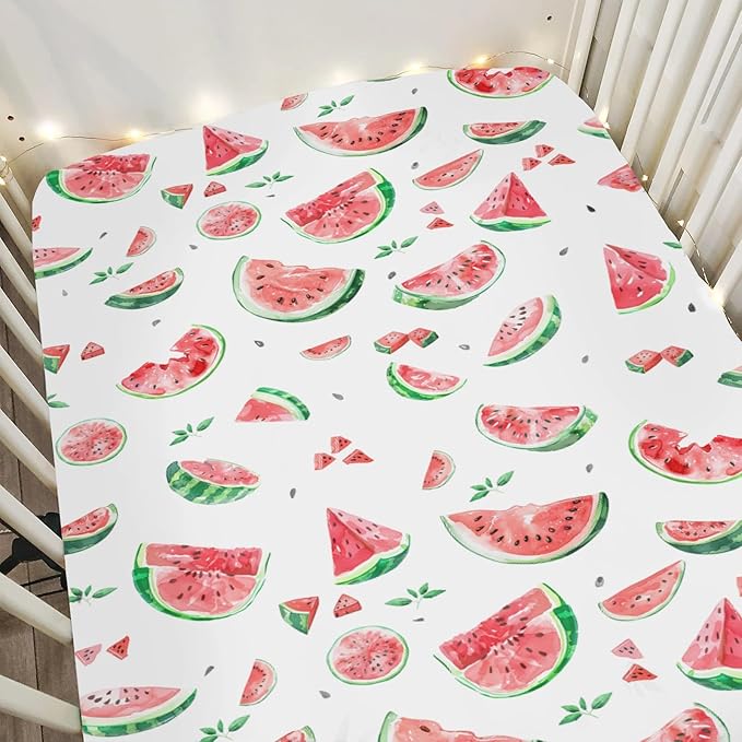 Watermelon Bites Leaves Baby Crib Sheets for Boy Girl 28"x52" Tropical Summer Fruits Soft Stretchy Fitted Crib Mattress Covers Beach Vacation Nursery Baby Sheet for Crib and Toddler Bed Mattresses