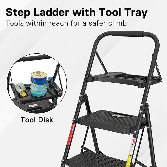 BONTEC 4-Step Ladder, 400lbs Max Load, Folding Step Stool with Tool Tray, Anti-Slip Pedals, Sturdy Steel, Lightweight Portable Ladder with Handrail for Home & Work Use, Black