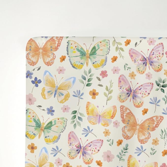 Watercolor Butterflies Spring Floral Baby Crib Sheets Boy Girl 52"x28" Pastel Flowers Leaves Soft Stretchy Fitted Crib Mattress Cover Easter Garden Baby Sheet for Standard Crib and Toddler Mattress