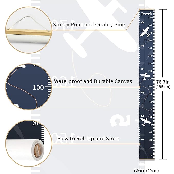 Personalized Growth Chart for Kids, Baby Height Chart with Custom Name, 77"x7.9" Canvas and Beige Wood Height Measuring Rulers for Boys Girls Removable Wall Ruler Hanging for Nursery Decor - Plane