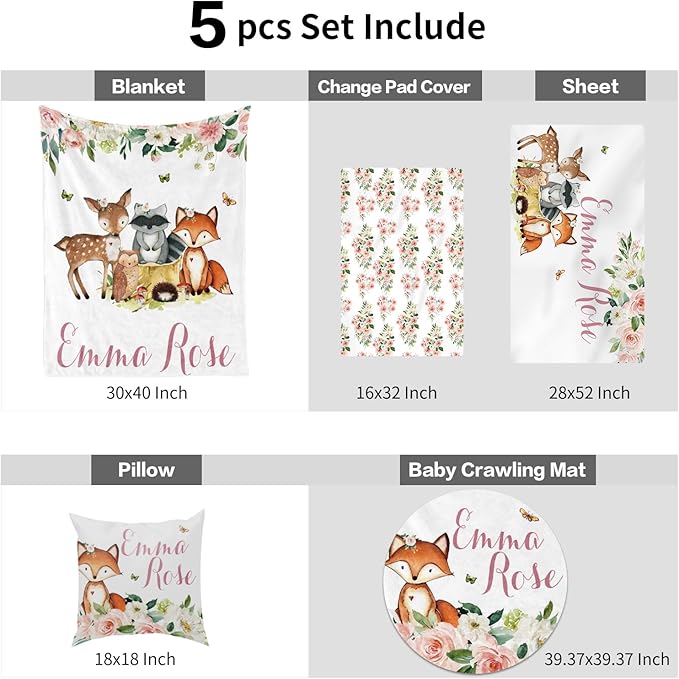 Custom Nursery Crib Bedding Set: Personalized Nursery Decor Baby Blanket Fitted Crib Sheet Changing Pad Cover Baby Room Rug Woodland Animal Fox Pattern Gift Idea(Fixed Size)