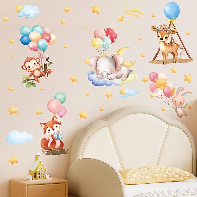 SHUCHING Animal Balloon Wall Decals Peel and Stick, Vinyl Elephant Fox Monkey Wall Sticker, Wall Decor for Girl Nursery Baby Playroom Kids Bedroom