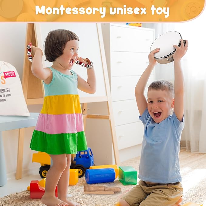 Stoie's Wooden Toddler Musical Instruments with Drum, Flute, Hand Bells, Cymbals, Castanets, Triangle, for Babies and Toddlers, Eco Friendly Montessori Educational Toy