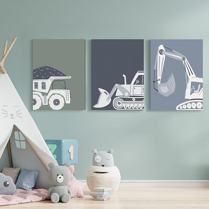 Construction Truck Kids Room Wall Art Deco Bulldozer Pictures Tractor Vehicle Poster Dump Truck Wall Art Boy Room Canvas Wall Decoration Baby Room Print Boy Bedroom 12x16 Inch 3 Piece Wrap Canvas
