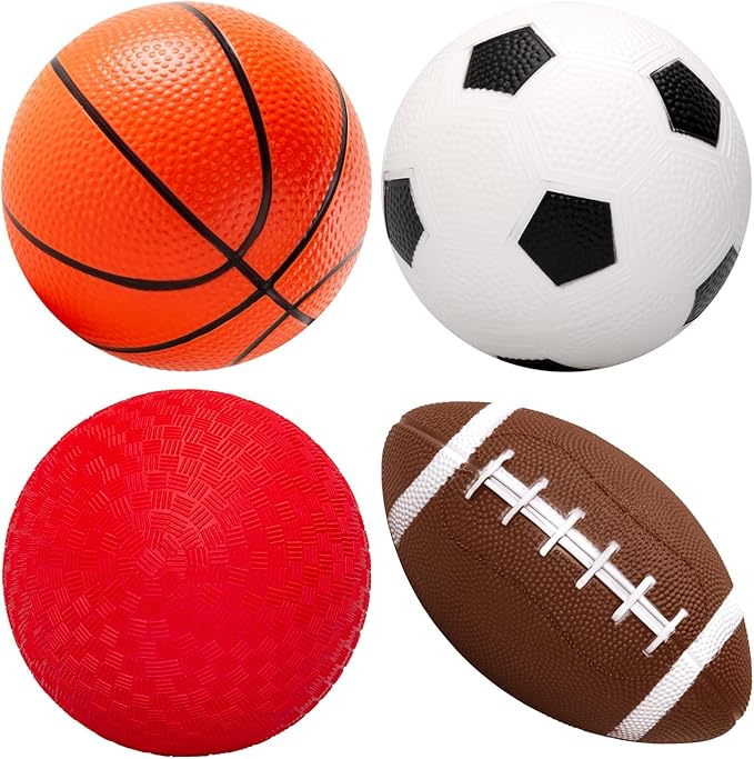 Soft Balls for Toddlers 1-3 3-5, Easy to Grip Toddler Toys 4 Pack 5" Small Balls with Pump - Mini Football Soccer Basketball Dodgeball - First Birthday Gift or Stocking Stuffers for Babies Boys Girls