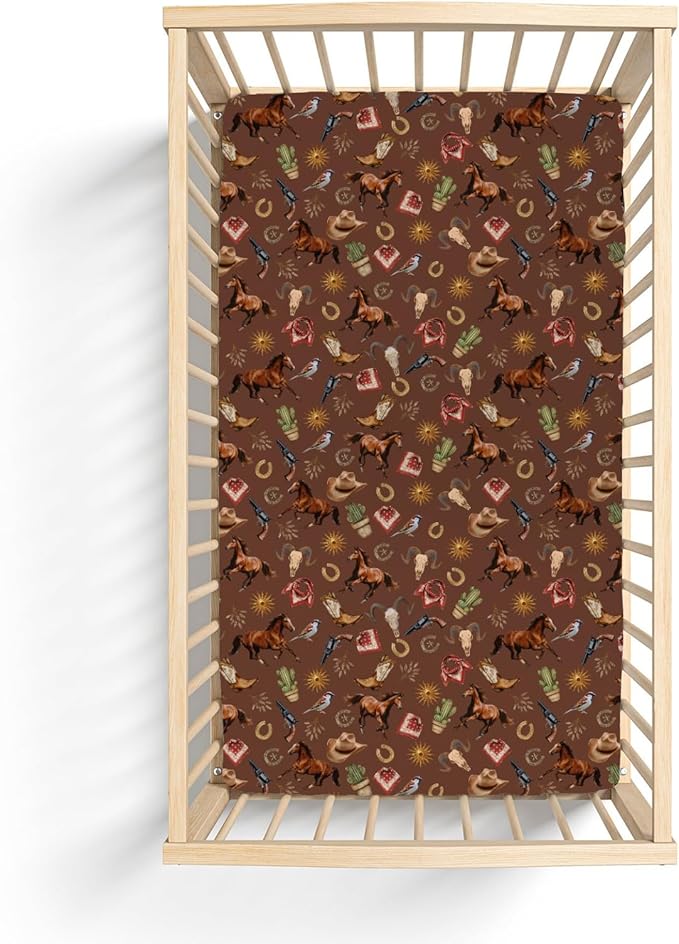 Western Cowboy Baby Crib Sheets for Boy Girl 52x28Inch Vintage Horse Cowboy Boots Hat Cactus Goat Sun Soft Snug Fitted Crib Mattress Cover Wild West Baby Sheet for Standard Crib & Toddler Mattresses