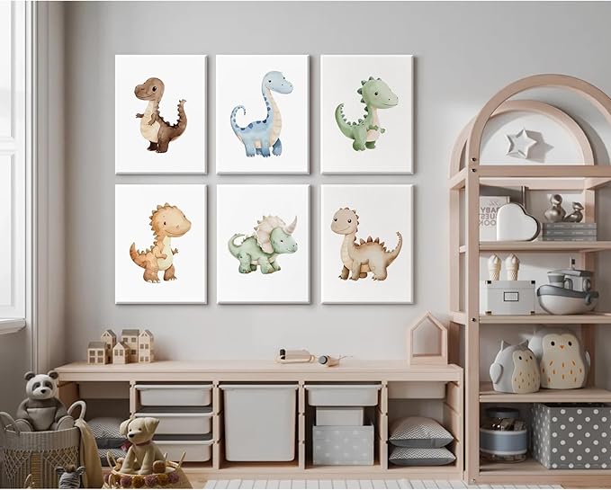 Dinosaur Nursery Wall Art Kids Canvas Poster Baby Boy Nursery Wall Decor Watercolor Dino Prints Toddler Pictures Cute Dinosaur Themed Artwork Painting for Boys Room Bedroom 8x10x6 Inch Ready to Hang
