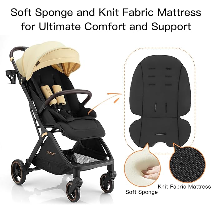 Gravity Folding Baby Stroller - Portable Travel Toddler Stroller w/Adjustable Backrest, Canopy, Footmuff & Cup Holder, Lightweight and UV Protected, One-Hand Automatic Folding - Beige