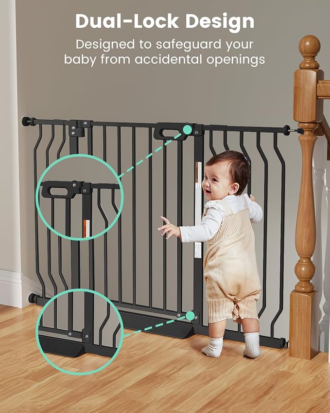 Mom's Choice-GROWNSY Baby Gate for Stairs, 30.5"-48.4" Pressure Mounted Baby Gate for Top of Stair&Doorway with Y-Spindle Rods, Anti-Trip Pedal, Wide Stairs Dog Gate Easy Install w/Red Reminder,Black