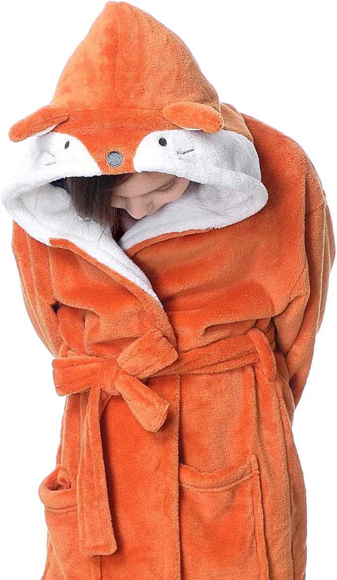 Hooded Herringbone Girl's Fleece Soft Spa Kimono Long Robe,Kids Comfy Sleepwear Bathrobe