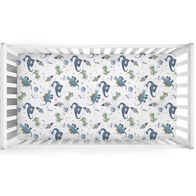 Watercolor Space Dinosaurs Baby Crib Sheet 52''x28'' Cute Dinosaur Rockets Planet Stars Leaves Snug Fitted Crib Mattress Cover for Boy Girl Soft Baby Bed Sheet for Standard Crib and Toddler Mattress