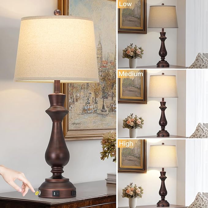 luxeflow Vintage Table Lamps Set of 2 for Living Room,30" Tall Bedside Lamp with USB Charging Port,3-Way Dimmable Touch Nightstand Lamp for Bedroom Desk Side Table Office,Brown