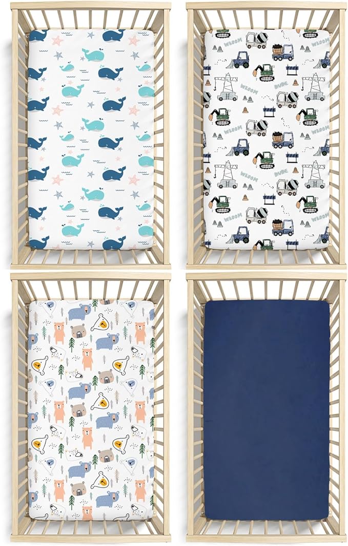 Little Grape Land Crib Sheets Baby Toddler Sheets 4 Pack Fitted for Boys Girls, Standard Size 28x52‘’ Crib Mattress, Super Soft Breathable Washable Microfiber, Whale & Trucks & Little Bear & Navy Blue