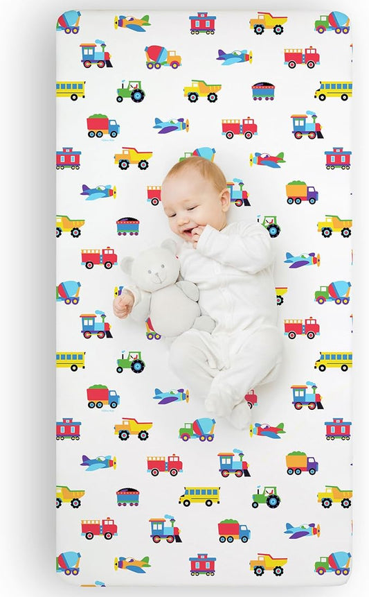Wildkin Kids 100% Microfiber Crib Sheet – Soft, Breathable Fitted Sheet - Trains, Planes, and Trucks