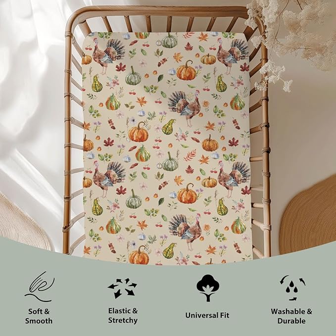 Thanksgiving Turkey Pumpkins Baby Crib Sheets for Boy Girl 52"x28" Vintage Autumn Leaves Soft Stretchy Fitted Crib Mattress Covers Fall Harvest Baby Sheet for Standard Crib and Toddler Bed Mattress