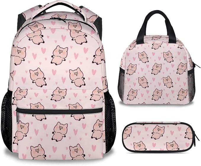 AIOMXZZ Pig Backpack with Lunch Box and Pencil Case, 16 Inch Cute Pig Bookbag Durable, Lightweight, Large Capacity, Funny Animal Backpack for School Girls Kids Women