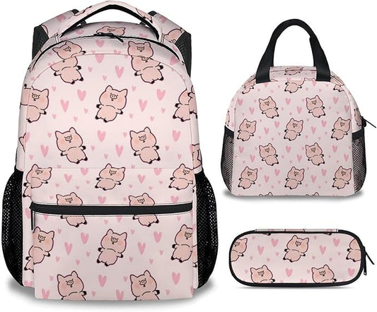 AIOMXZZ Pig Backpack with Lunch Box and Pencil Case, 16 Inch Cute Pig Bookbag Durable, Lightweight, Large Capacity, Funny Animal Backpack for School Girls Kids Women