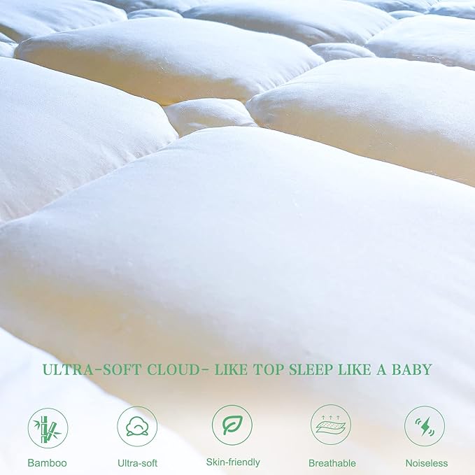 UNILIBRA Cal King Size Mattress Pad Cooling Rayon from Bamboo, Quilted Fitted Mattress Protector Pillow Top Long Mattress Cover with Deep Pocket Up to 21 Inches, Ultra Soft Filling Mattress Topper