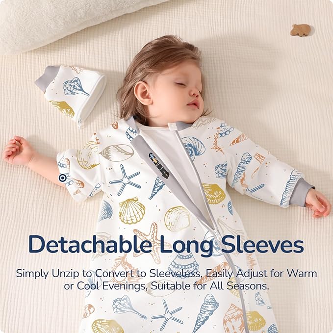 Baby Sleep Sack 3–6 Months, Cotton Sleep Sack with Detachable Long Sleeves, 1.0 TOG Wearable Blanket for Cooler Nights, 2-Way Zipper Toddler Sleeping Sack with Temperature Strip, Ocean