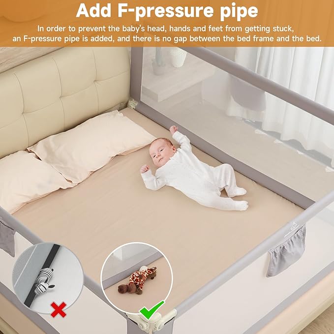 Quick Assembled Bed Rail for Baby, Foldable Toddlers Bed Rails, Height Adjustable Bed Rail Guard, Steady and Safty for King Size Bed (2 Sides 78.7"+1 Side 74.8'')