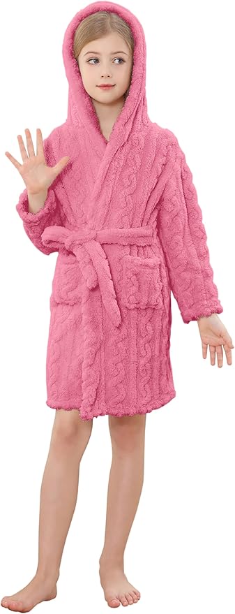 Umeyda Girls & Womens Twist Fleece Robes, Hooded Soft Warm Bath Robe for Kids Womens Fuzzy Bathrobe for Gifts